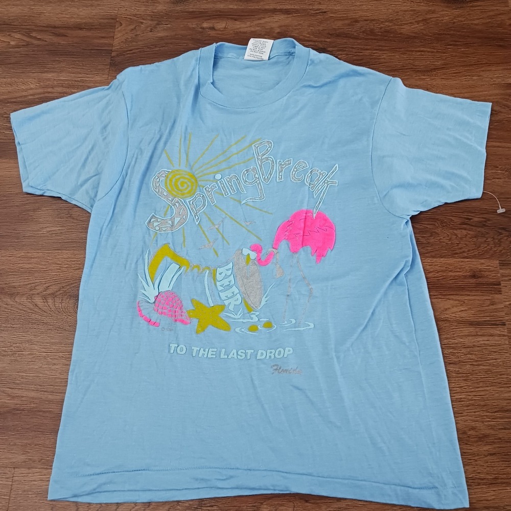 Vintage Krazee Spring Break Last Drop Florida Beer Flamingo Blue Shirt Medium